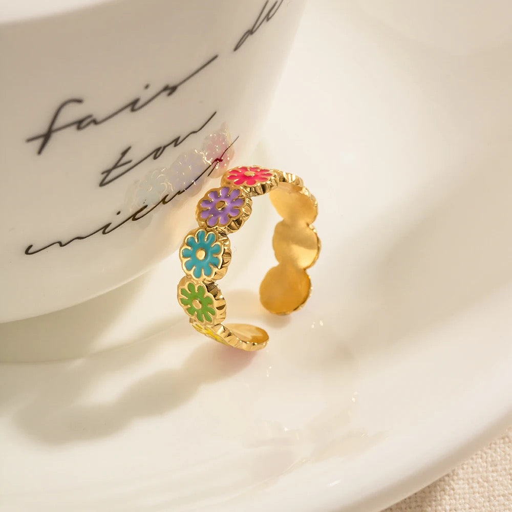 Colorful flower adjustable ring