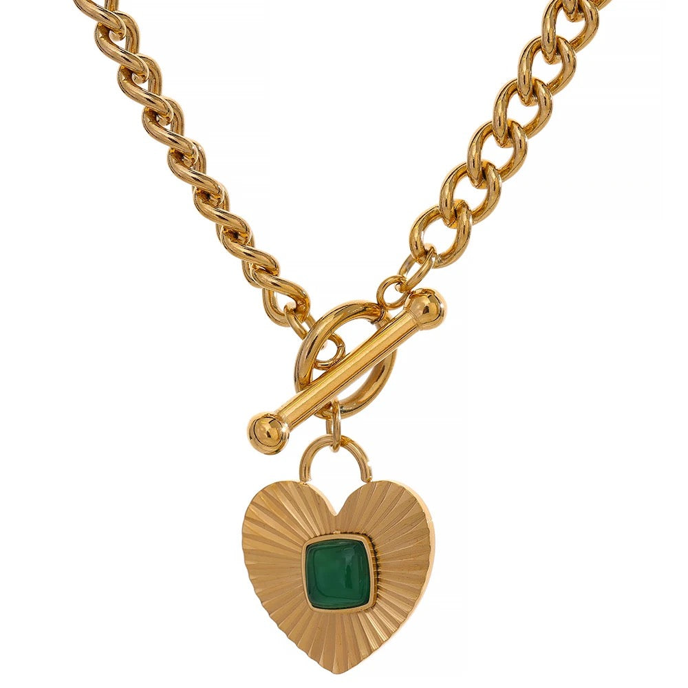 Green agate stone heart chunky necklace
