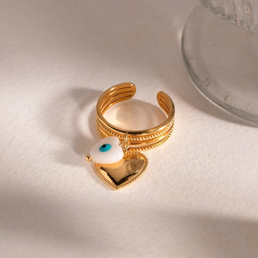Heart evil eye adjustable ring