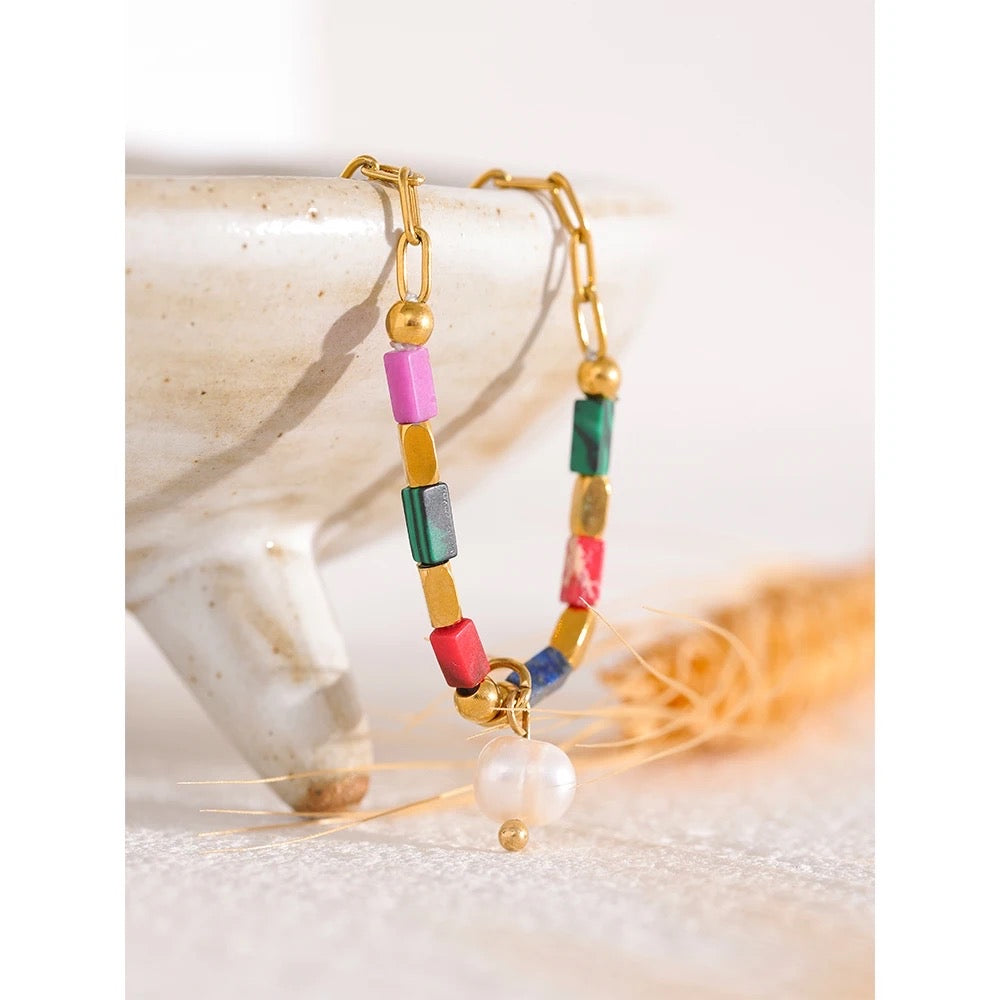 Colorful natural stone and pearl bracelet