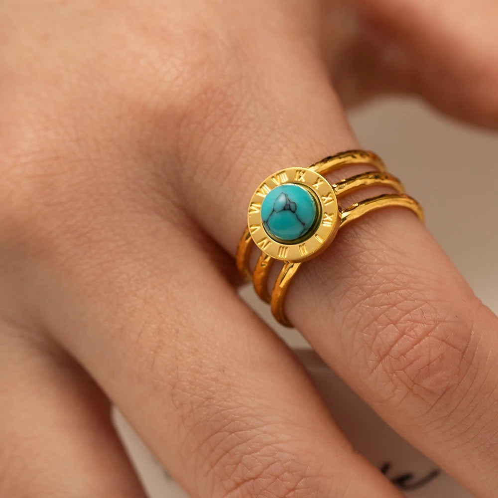 Turquoise roman number adjustable ring