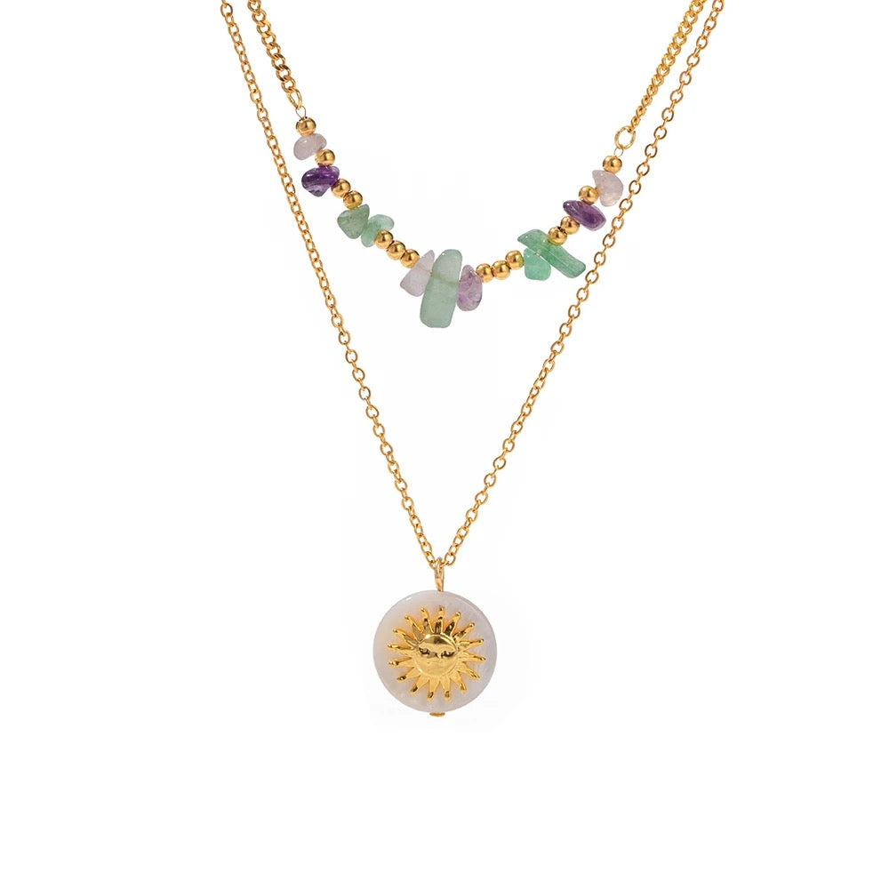 Double layer natural stone sun necklace