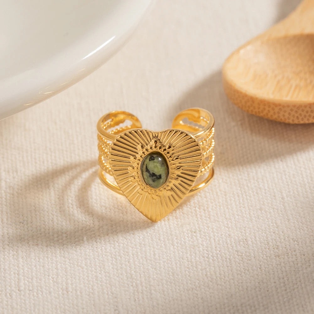 Natural stone heart adjustable ring