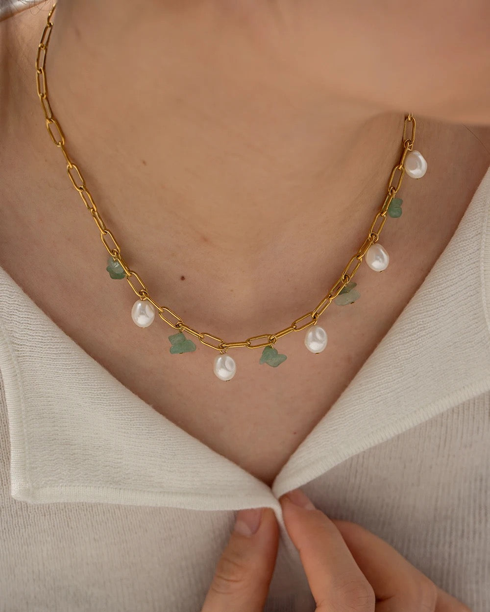 Natural stone pearl paper clip necklace