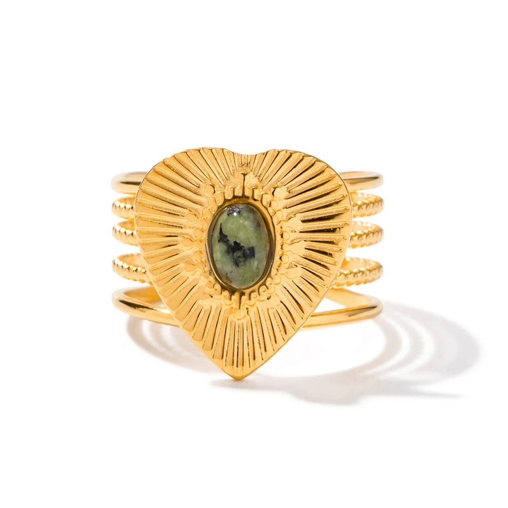 Natural stone heart adjustable ring