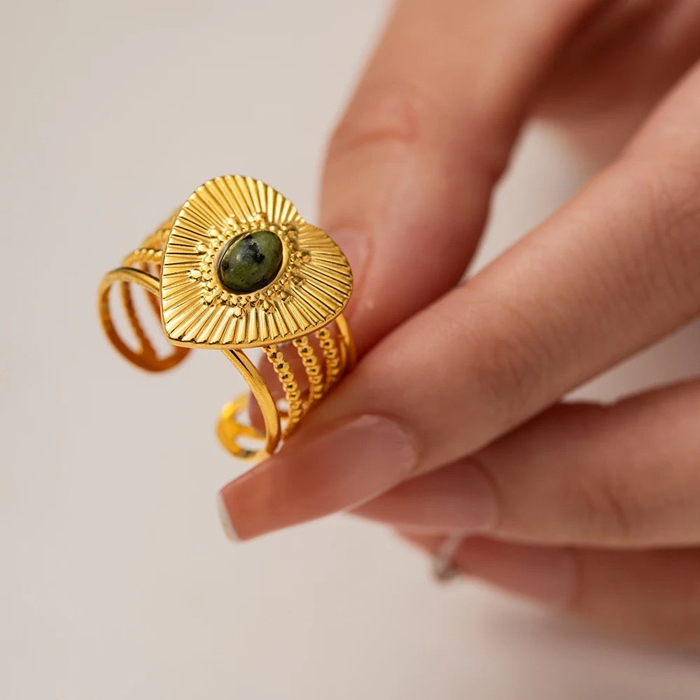 Natural stone heart adjustable ring