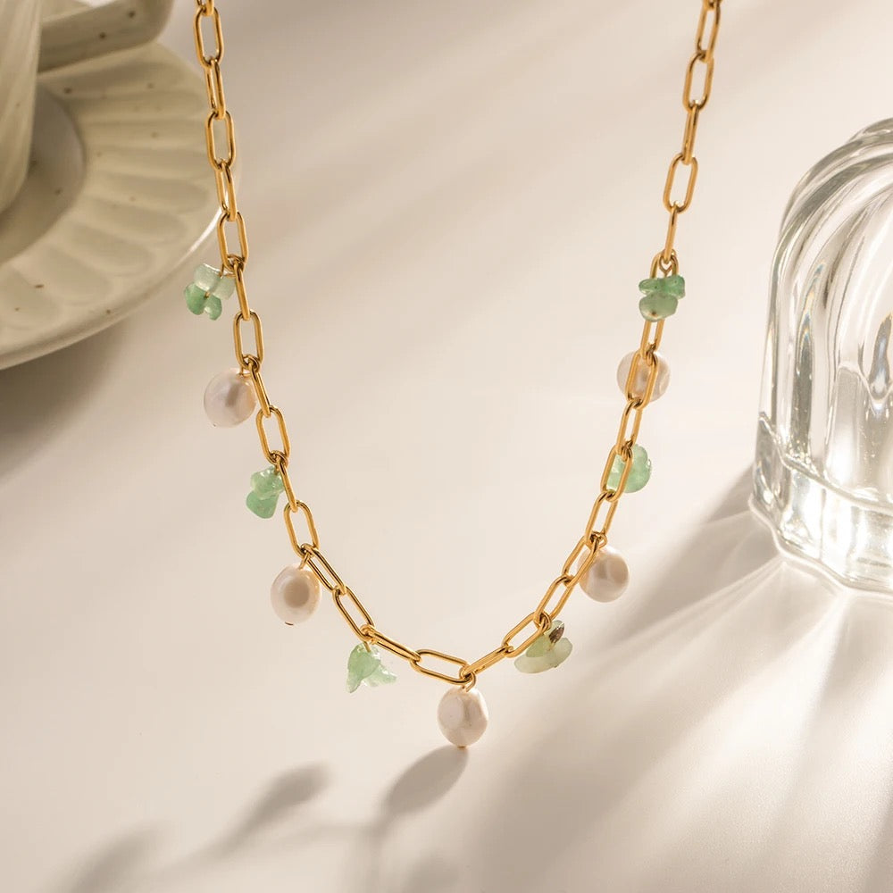 Natural stone pearl paper clip necklace