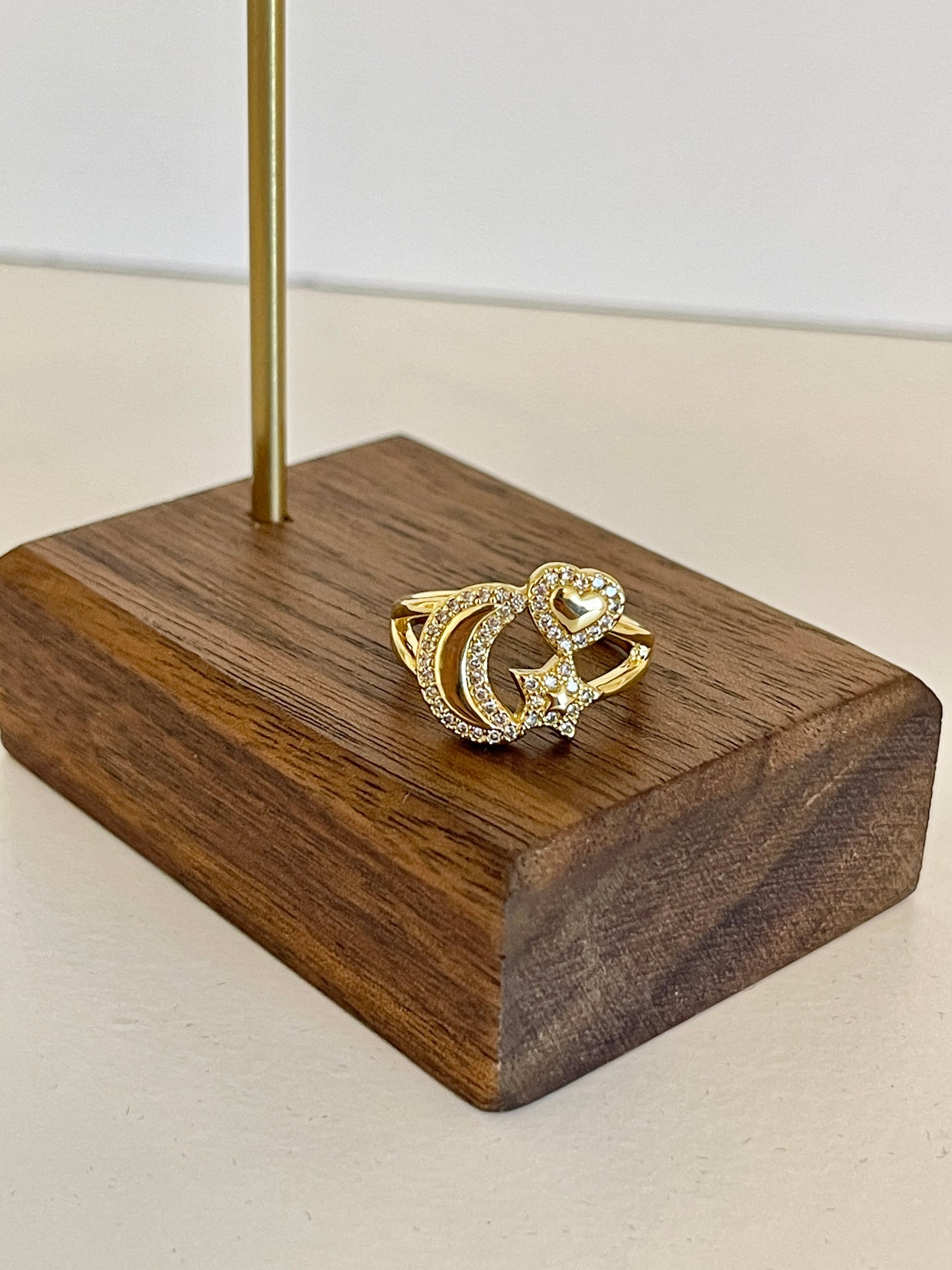 Moon, heart and star ring
