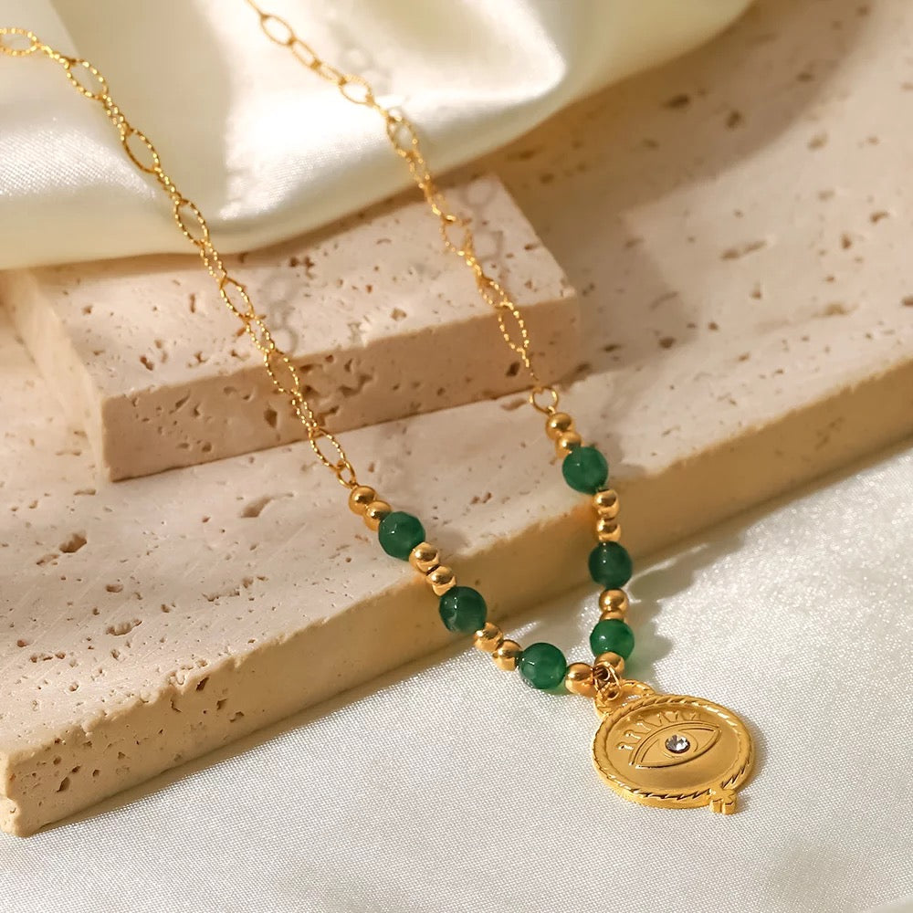 Green Beads Evil eye necklace