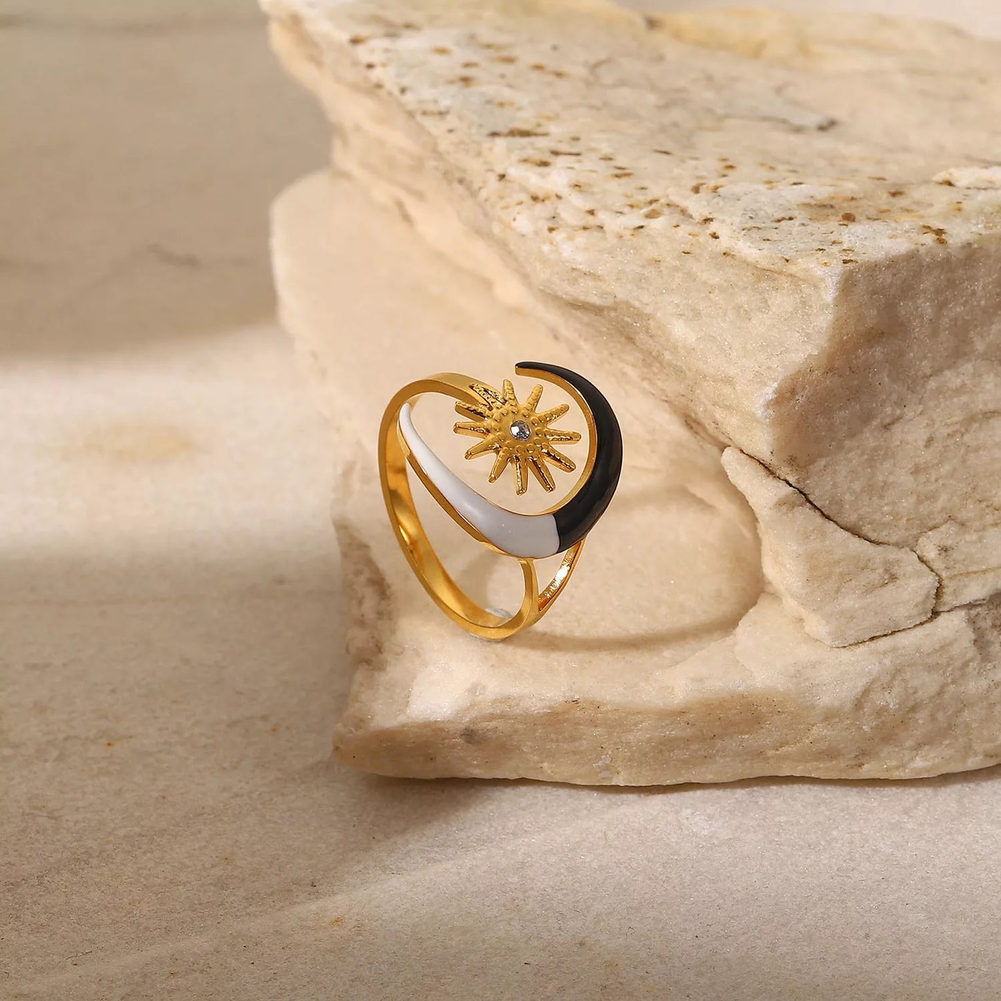 Black and white moon adjustable ring