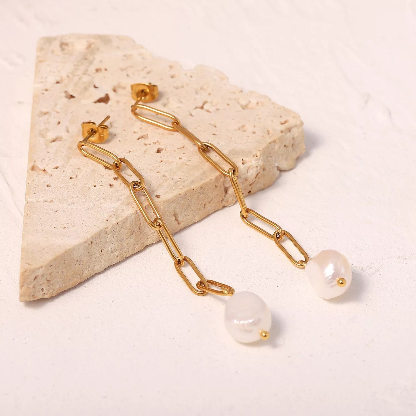 Long chain Pearl stud earrings