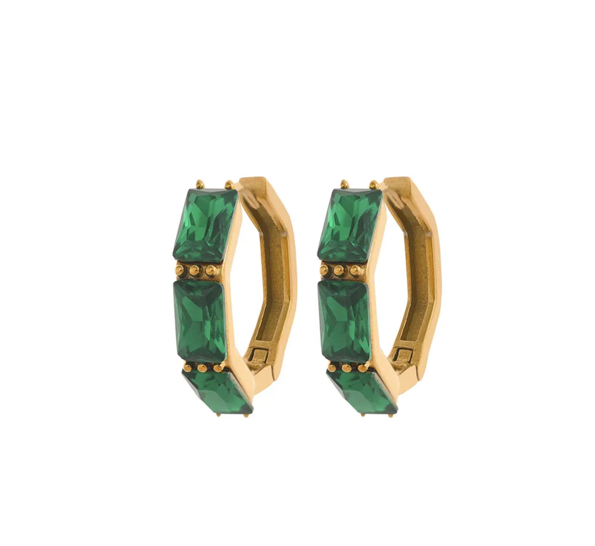 Green hexagonal huggie hoop earrings
