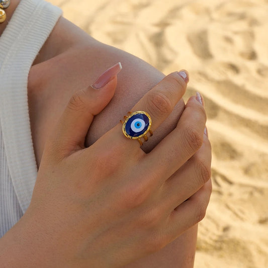 Evil eye adjustable ring