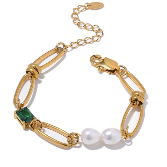 Natural Pearls Green Zircon Link Chain Bracelet
