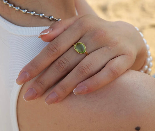 Green clear stone adjustable ring
