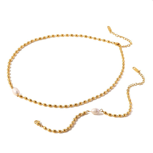 Oval bead pearl necklace and bracelet
