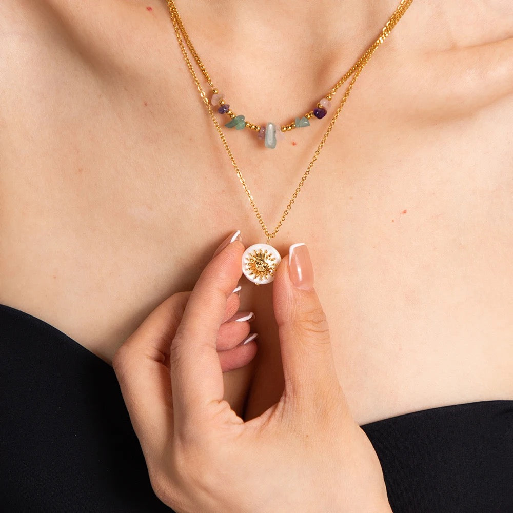 Double layer natural stone sun necklace
