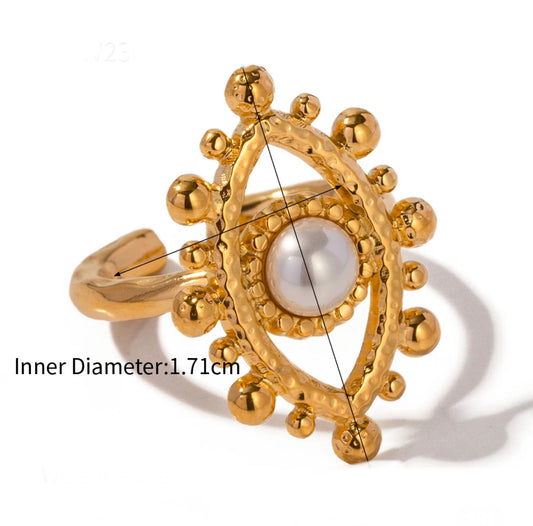 Pearl evil eye adjustable ring