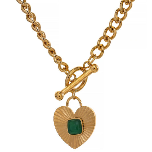 Green agate stone heart chunky necklace