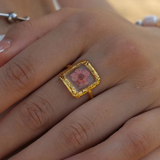 Pink flower adjustable ring