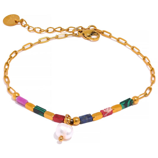 Colorful natural stone and pearl bracelet