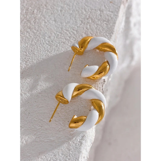 White twist hoop stud earrings
