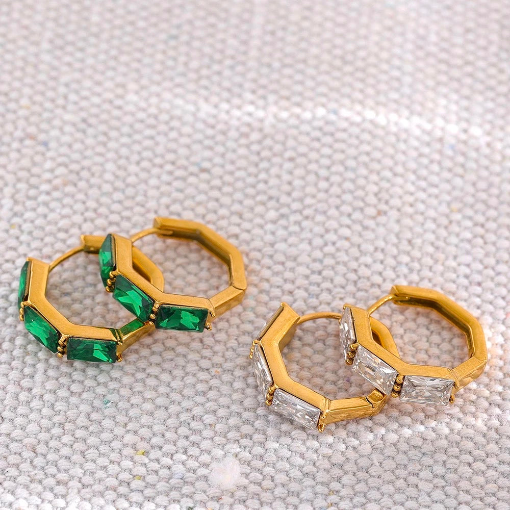 Green hexagonal huggie hoop earrings