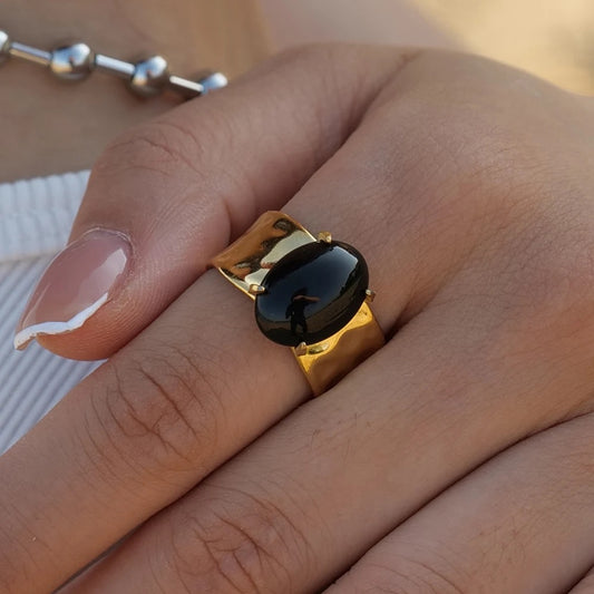 Black natural stone adjustable ring