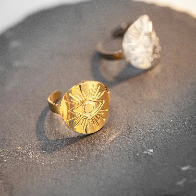 Gold evil eye adjustable ring