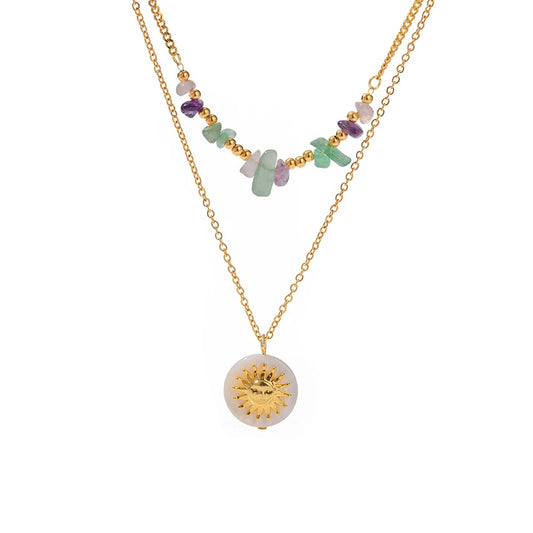 Double layer natural stone sun necklace