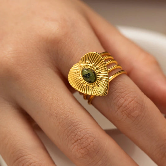 Natural stone heart adjustable ring