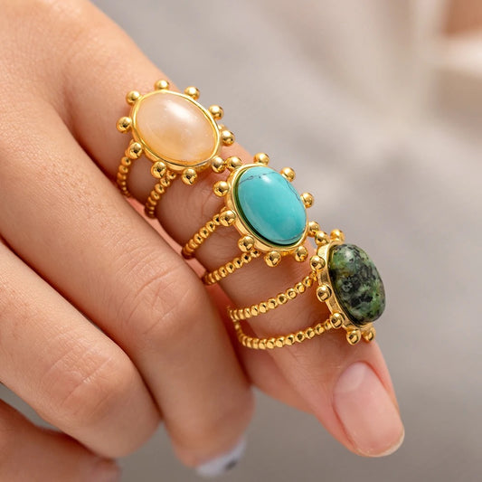 Oval quartz natural stone adjustable ring