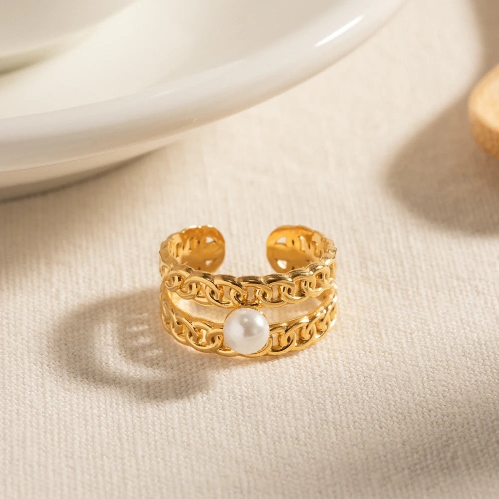 Pearl cuban chain adjustable ring