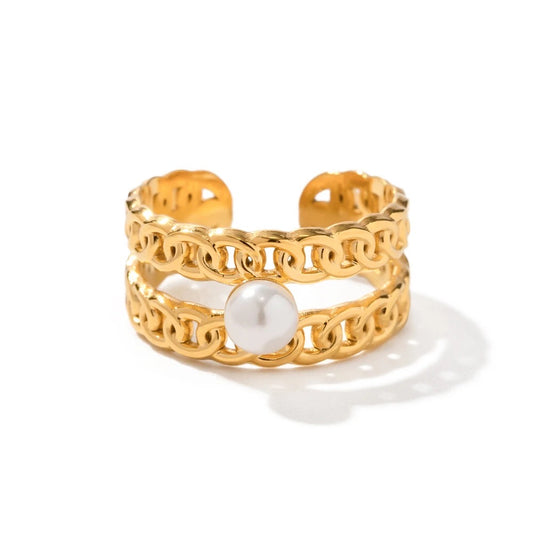 Pearl cuban chain adjustable ring
