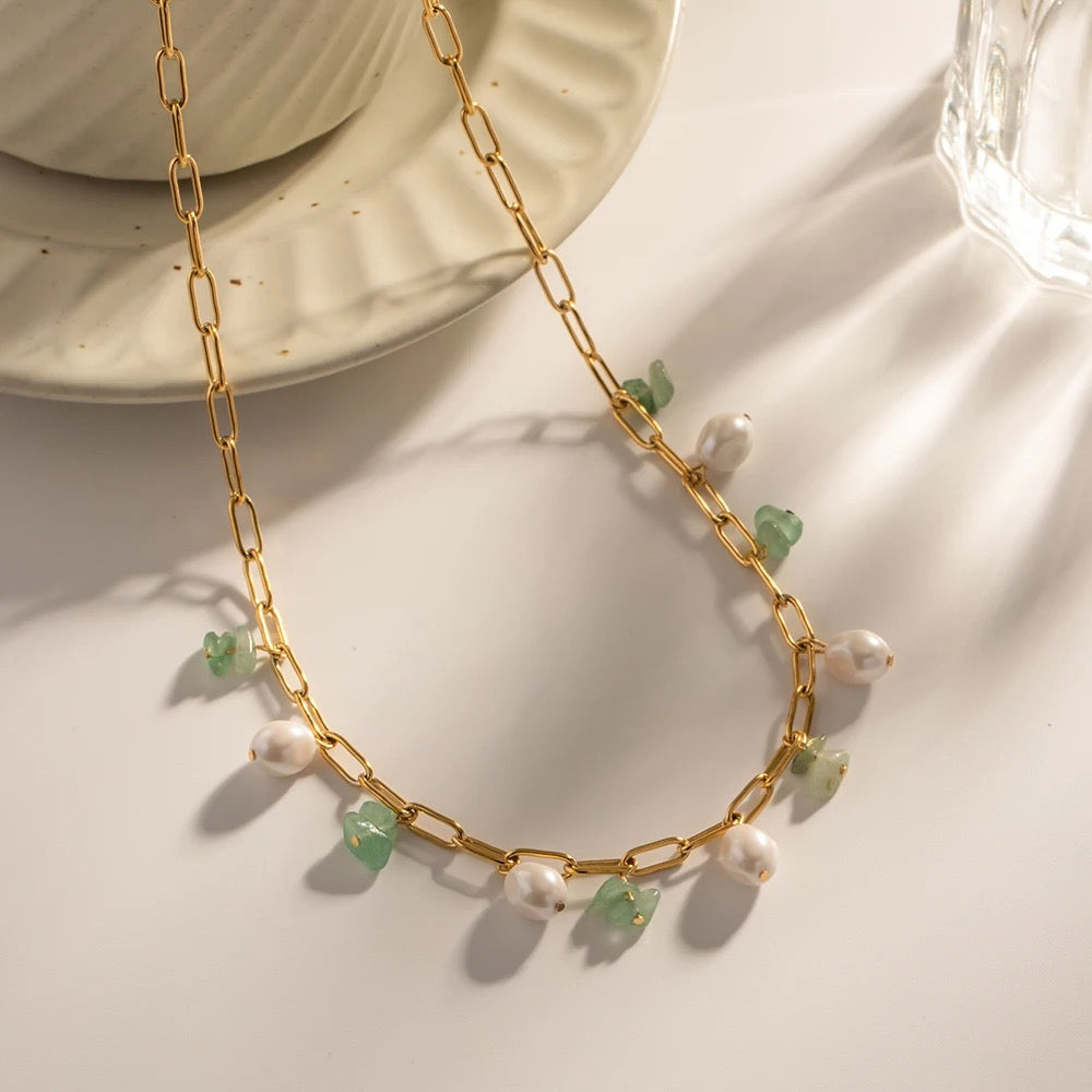 Natural stone pearl paper clip necklace