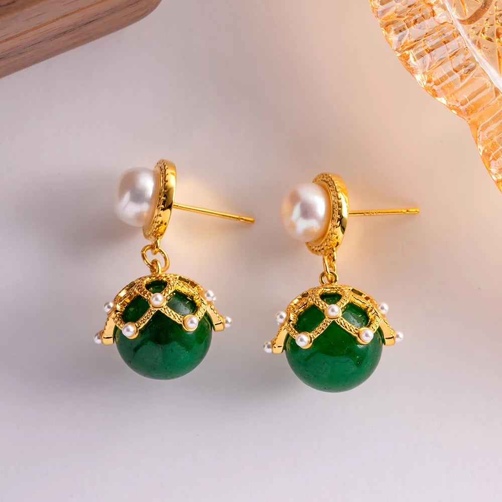 Green agata stone flower earrings