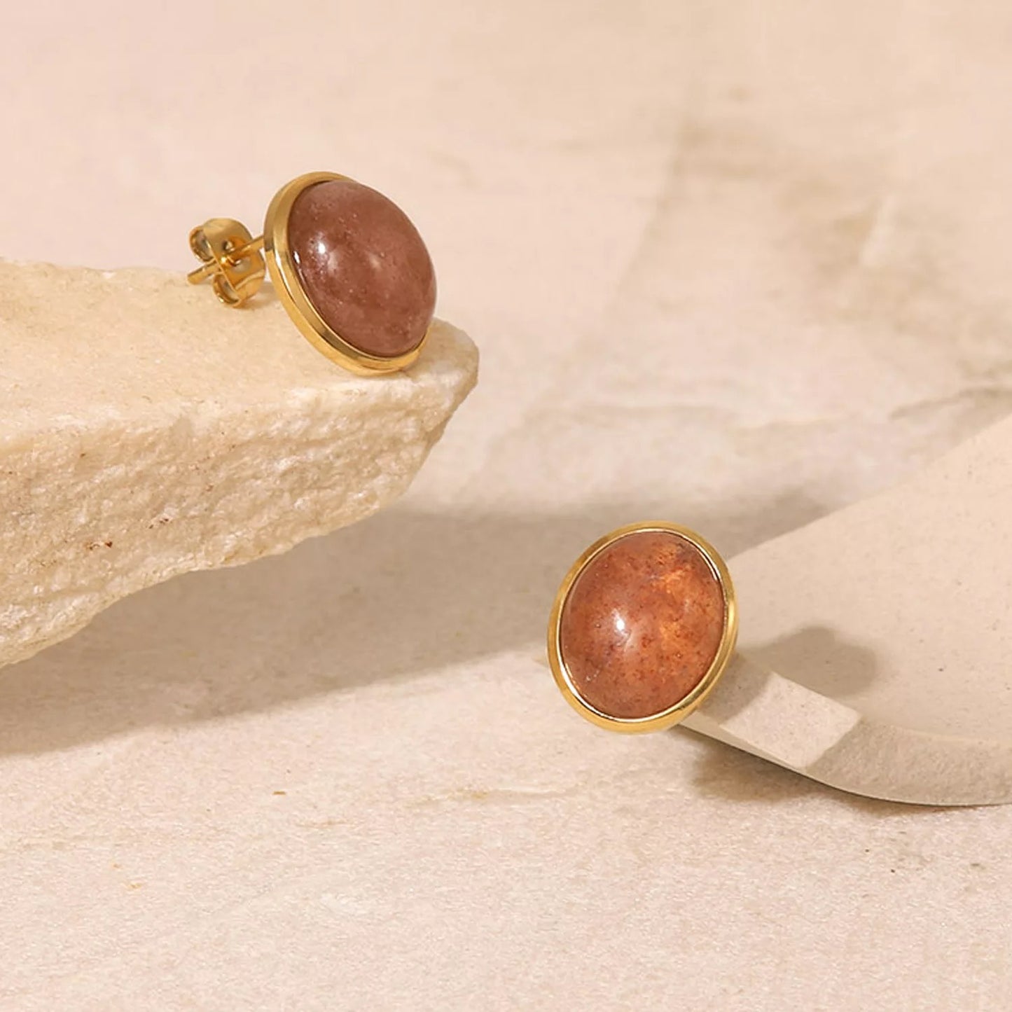 Oval strawberry quartz stud earrings