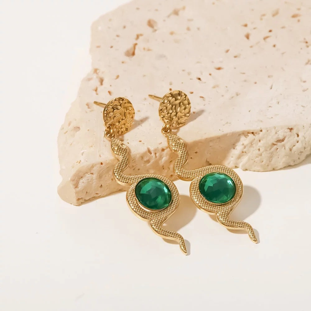Green snake long earrings