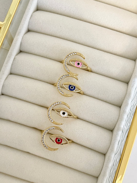 Moon and evil eye ring