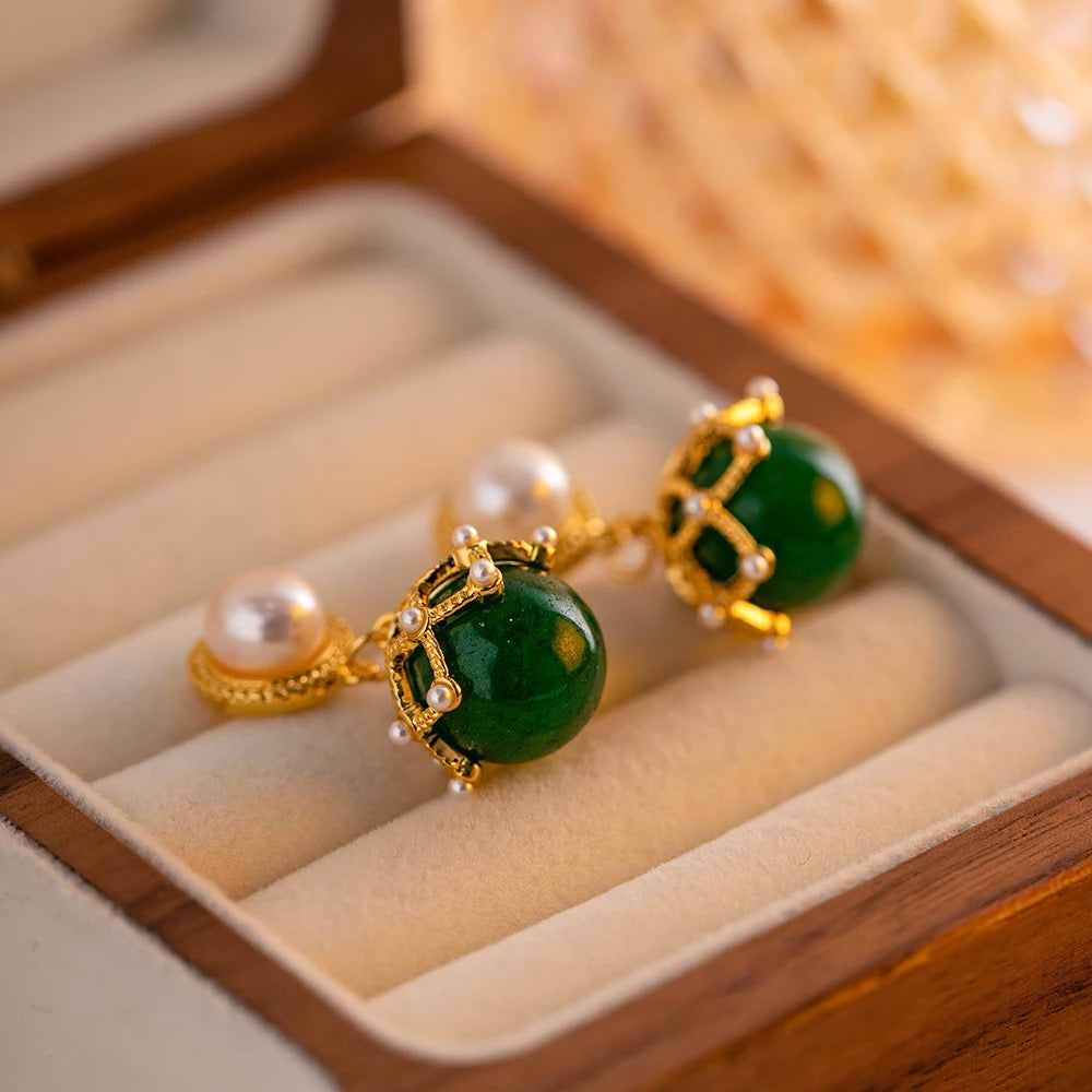 Green agata stone flower earrings