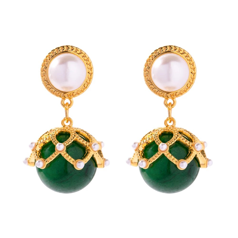 Green agata stone flower earrings