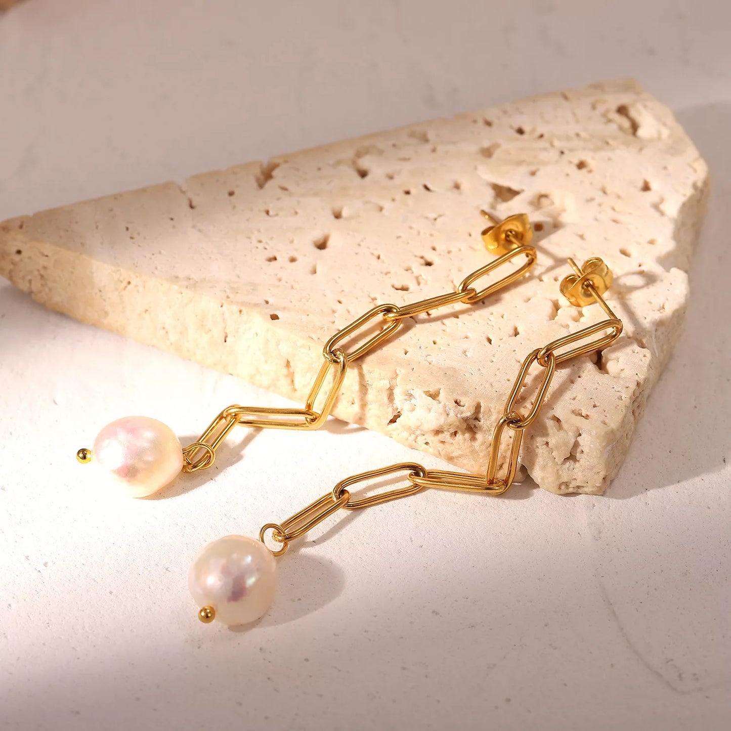 Long chain Pearl stud earrings