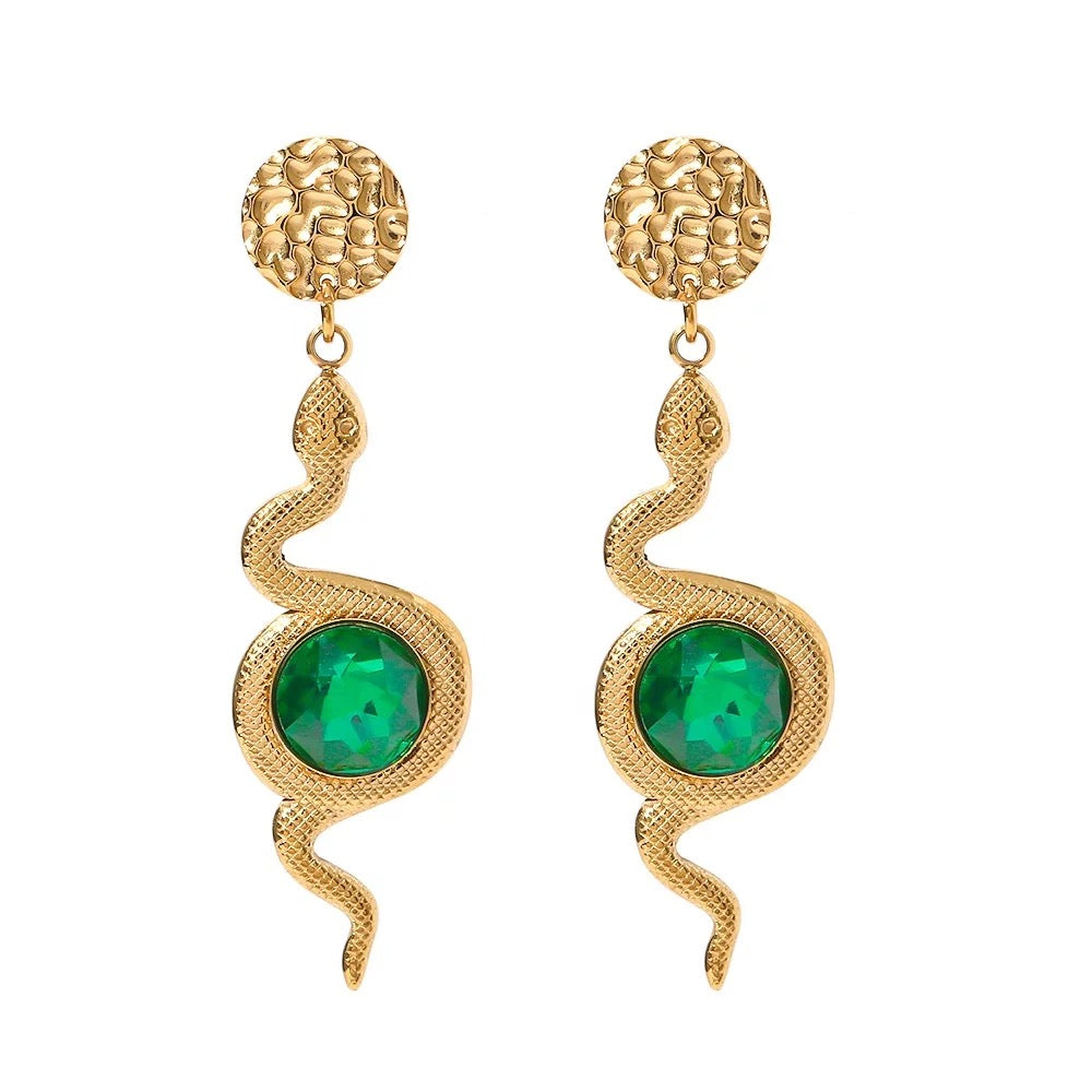 Green snake long earrings