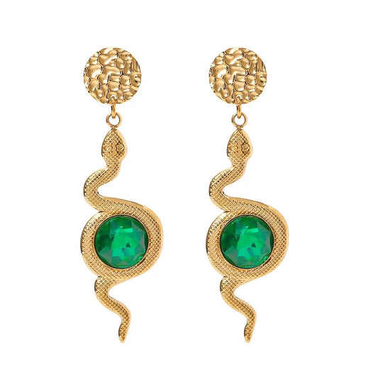 Green snake long earrings