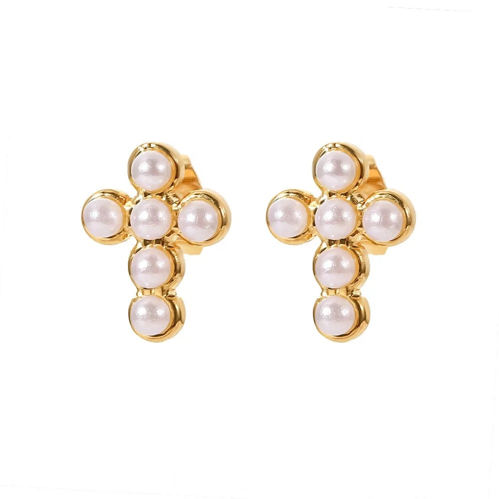 Pearl cross stud earrings