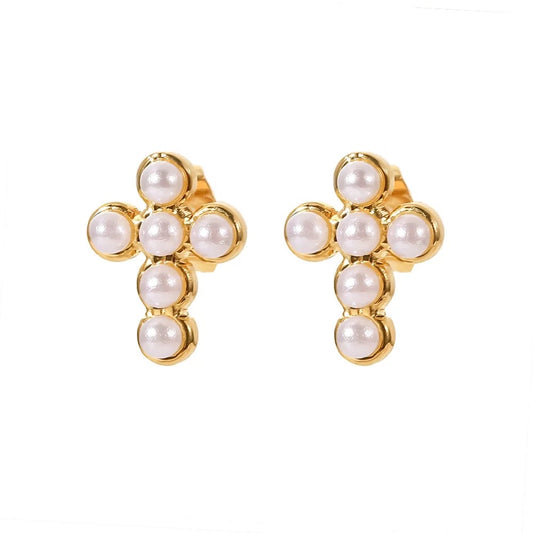 Pearl cross stud earrings